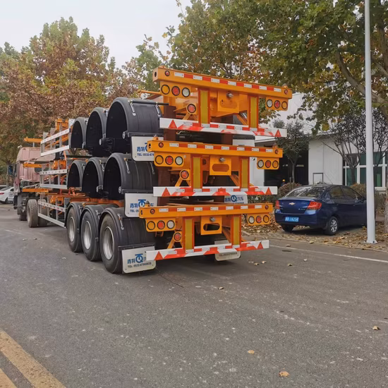 Mongolei Kohle verladen zwei Pritschenauflieger Containeranhänger Containerkipper Skeleton Truck Low Boy Dolly Tiefbett-LKW-Anhänger
